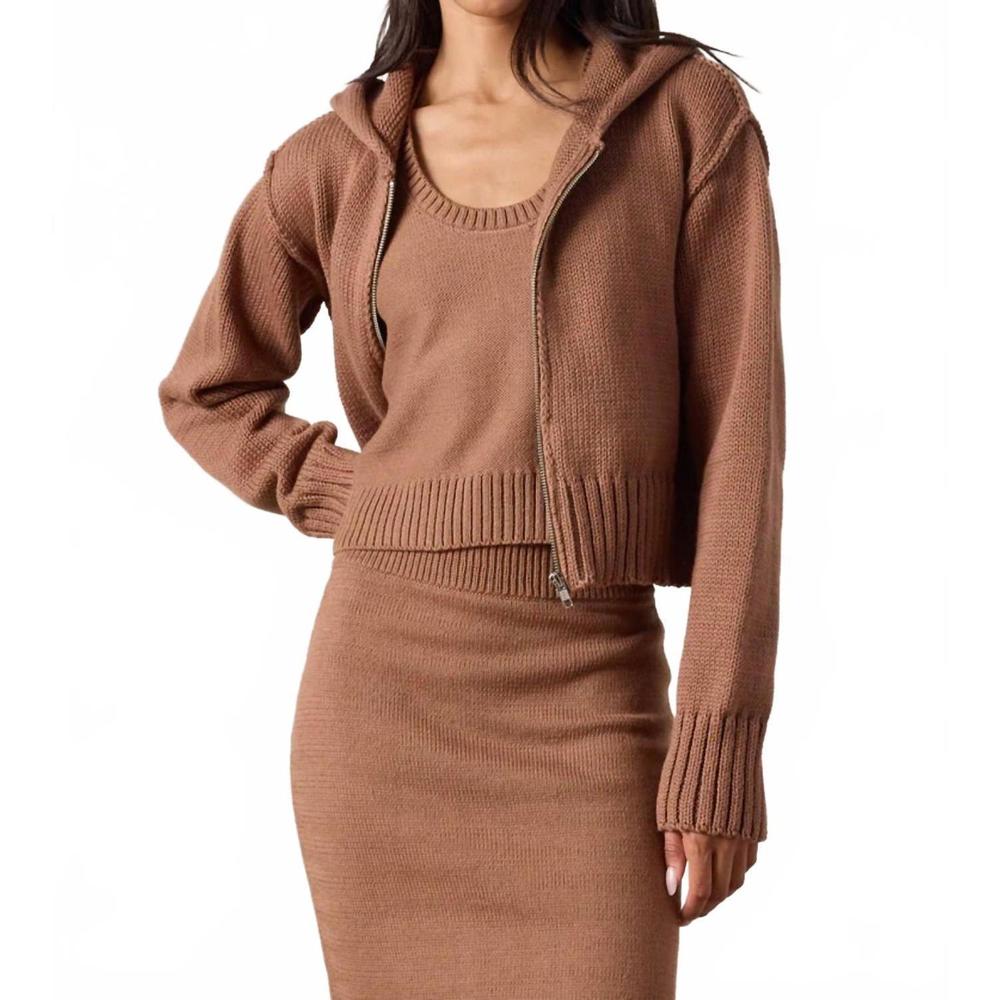NEW NSF mills shrunken cotton zip hoodie sweater in brown - Picture 5 of 5